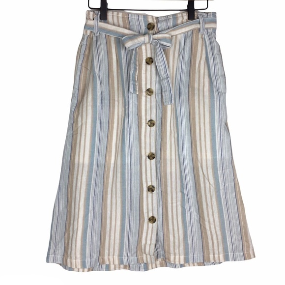 DASH Linen Blend Skirt Stripe Print Button Tie Waist Minimalist Modest Small - Picture 8 of 8